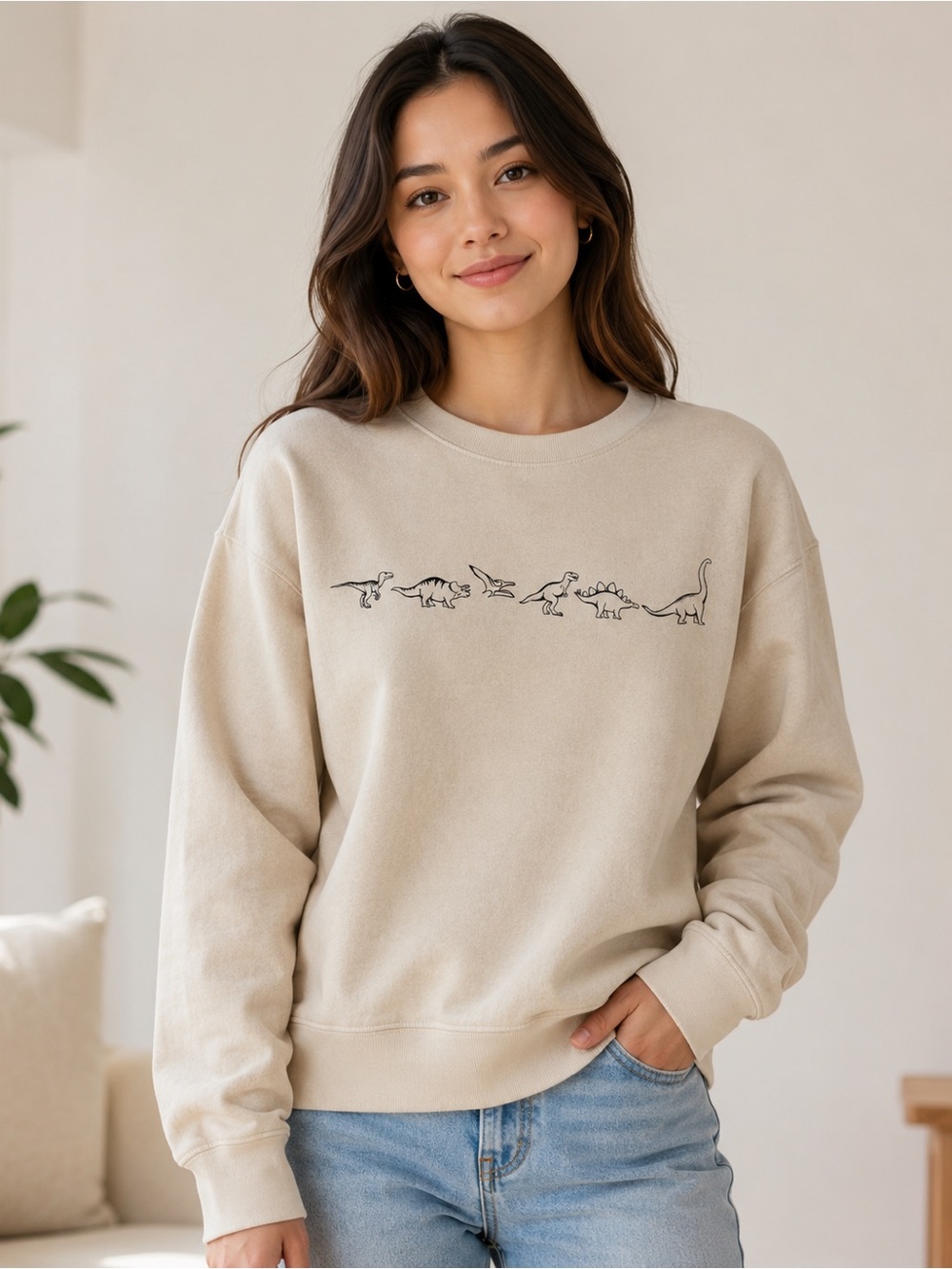 Pacific & Co. Beige Dinosaur Graphic Crewneck Sweatshirt Size Small